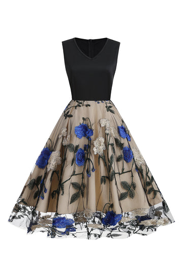 1950s Vestido Azul Con Bordado